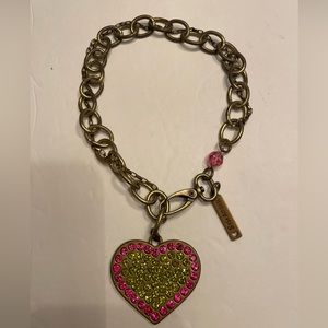 SiSi Amber Gold Tone Valentine’s Rhinestone Heart Pendant Necklace Pink & Green